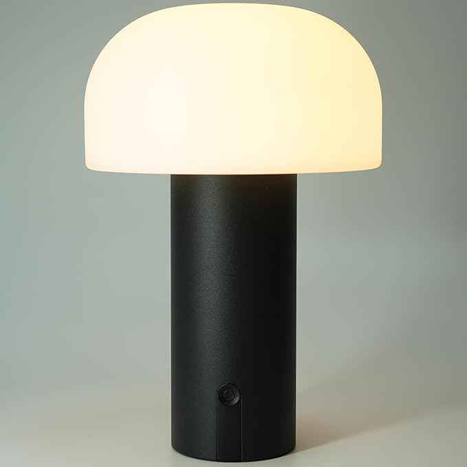 Cordless Mushroom Table Lamp, Waterproof Shower Lamp, Battery Operated Table Lamp Rechargeable, Touch Dimmable Night Light for Bedroom/Patio/Camping/Dinning/Outdoor (Black)