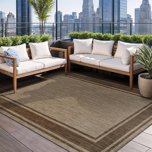 Outdoor Rug 5x7 Modern Bordered Area Rugs for Indoor and Outdoor Patio Deck Porch Garden Waterproof Weather Sun Resistant Washable Outside Carpet