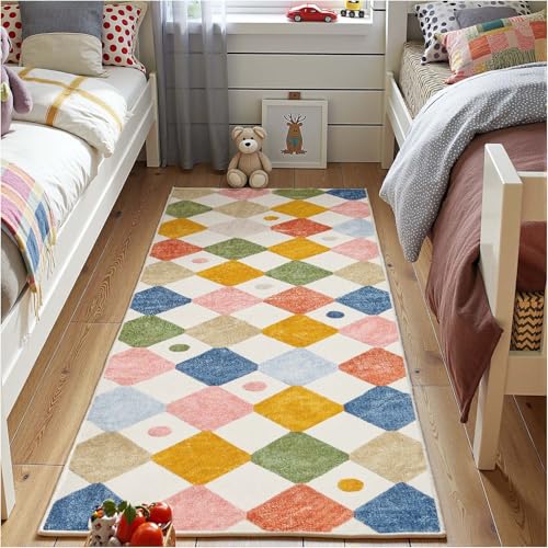 2x6 Runner Rug Colorful Checkered Washable Kids Rug Playful Hallway (12 Sq Ft)