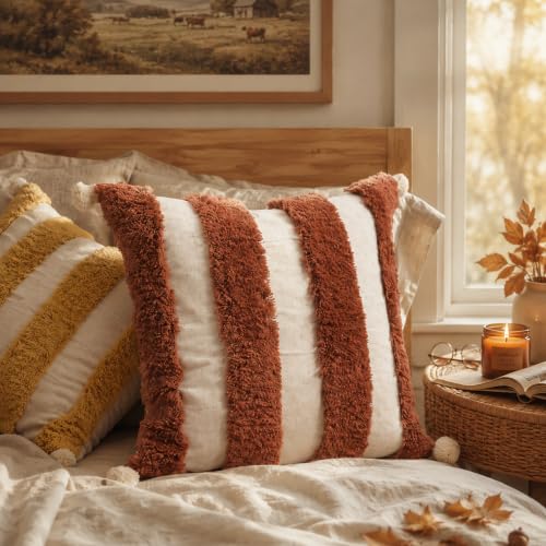 Boho Throw Pillow Covers 18x18 Tufted Home Decorations Dark Rust