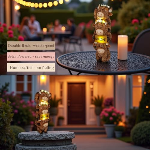 12 Inch Highland Cow Garden Statue Solar Outdoor Decor for Yard Patio Porch