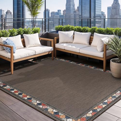 Outdoor Rug 9x12 Modern Bordered Large Area Rugs for Indoor and Outdoor Patio Easy to Clean Non Shedding Living Room Porch Garden Washable Outside Carpet
