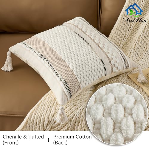 Set of 2 Chenille Striped Textured Boho Throw Pillow Covers Aesthetic with Tassels Woven Decorative Pillow Case for Couch Bed Sofa Bedroom Modern Funky 18 x 18 (2 Count)