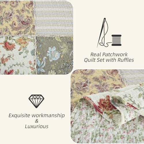3 Piece Quilt Set King Size Quilted Bedspread Reversible Country Style Floral Real Patchwork Bedding Quilt Set with Ruffles with Pillowcases for All Seasons