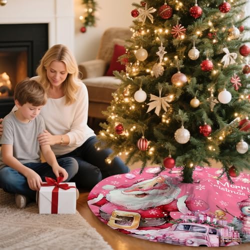 Pink Christmas Tree Skirt Santa Snowflaks Truck Christmas Decorations Xmas House Decor Winter Holiday Party Xmas Tree Skirt 36 inches