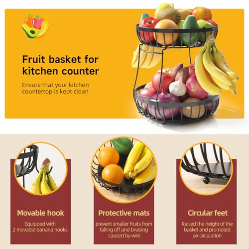 2 Tier Large Fruit Bowl for Kitchen Counter with 2 Banana Hangers