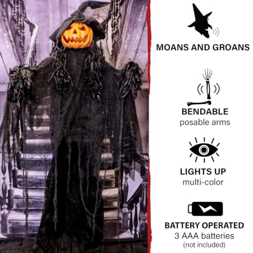 6.0 Ft Poseable Lighted Pumpkin Witch with Sound (68" Standing Pumpkin Man)