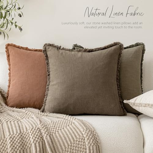 Decorative Linen Fringe Throw Pillow Covers 16×16 Light Brown (2 Count)