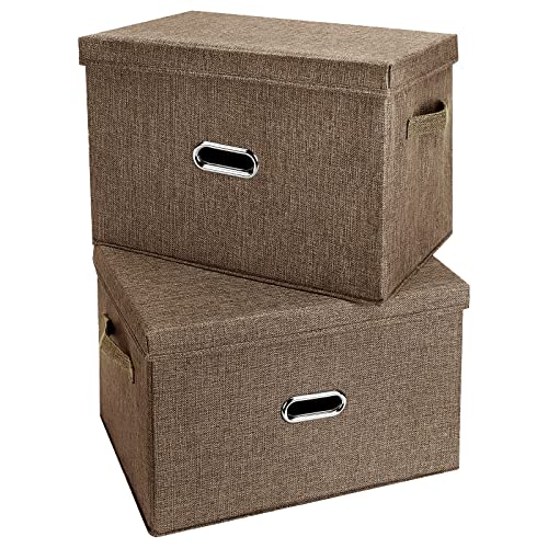 Large Linen Fabric Foldable Storage Bins with Removable Lid and Handles (2 Count)