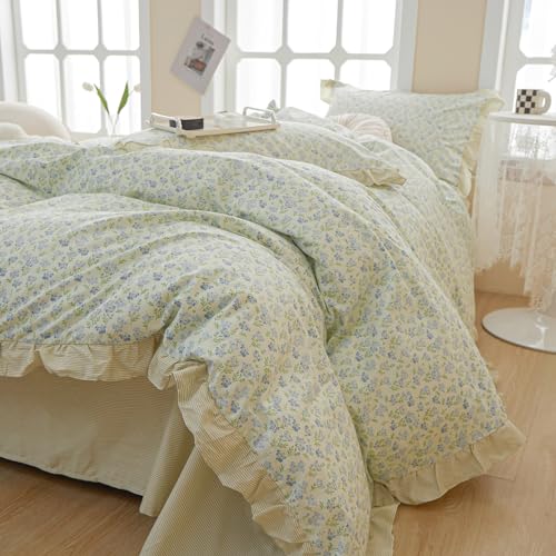 Green Floral Comforter Set Twin XL Romantic Ruffled Comforter Blue Flower Bedding Comforter Set Soft Microfiber Floral Bedding Set Lightweight Fluffy Vintage Botanical Comforter for All