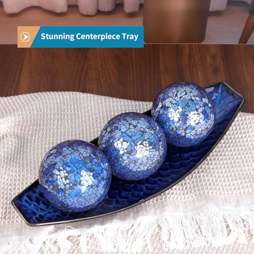 16" Large Ceramic Decorative Tray and 4" Glass Mosaic Balls Set of 4