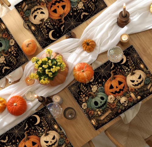 Halloween Placemats Set of 4 Botanical Pumpkin Linen Mats Floral 18x12 (4 Count)