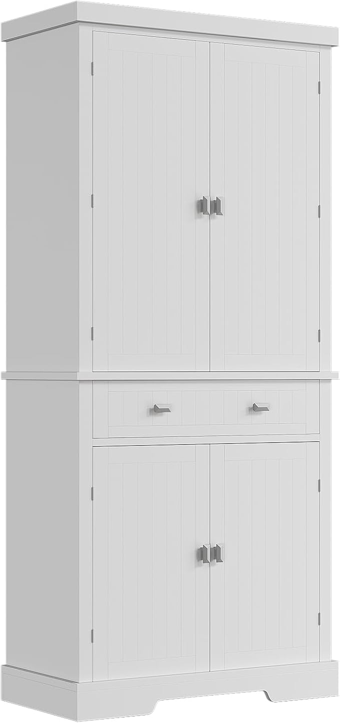 72" Tall Kitchen Pantry Cabinet with 6 Door Shelves, 2 Cabinets & 4 Adjustable Shelves, Freestanding Storage Cabinet for Kitchen, Living Room, Dining Room, White