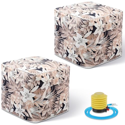 2 Pack Inflatable Outdoor Ottoman Pouf Waterproof Cube 16" Square Blow up Ottoman Footrest with Handle Outdoor Portable Footstool for Patio Garden Camping or Home Pool (2 Count)
