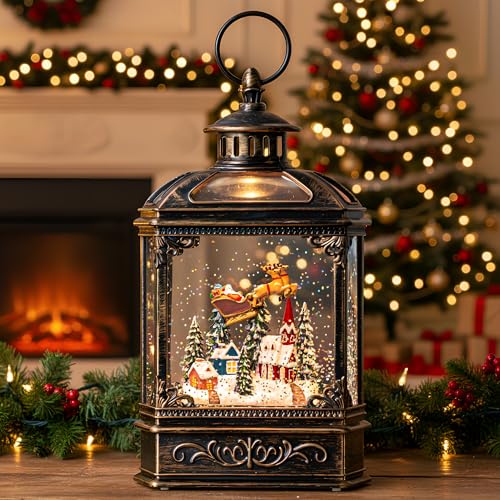 Christmas Snow Globe Lighted Church & Flying Santa Scene