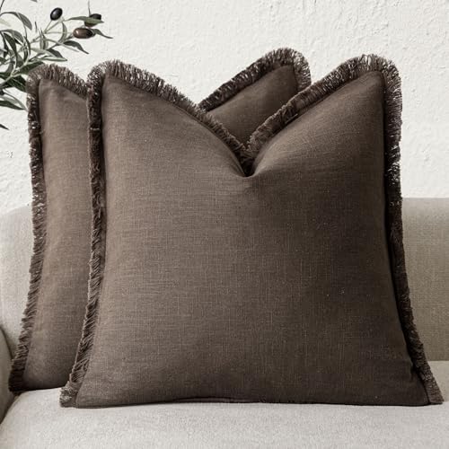 Decorative Linen Fringe Throw Pillow Covers 24×24 Reddish Brown (2 Count)