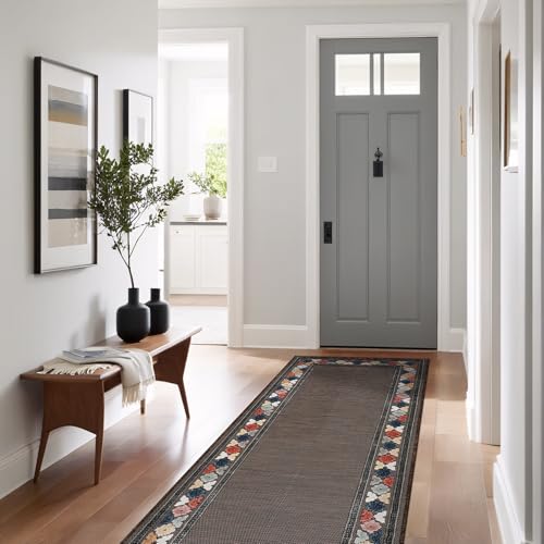 Outdoor Runner Rug 2x7 Modern Floral Bordered Area Rugs for Indoor and Outdoor Patio Easy to Clean Non Shedding Living Room Porch Garden Washable Outside Carpet