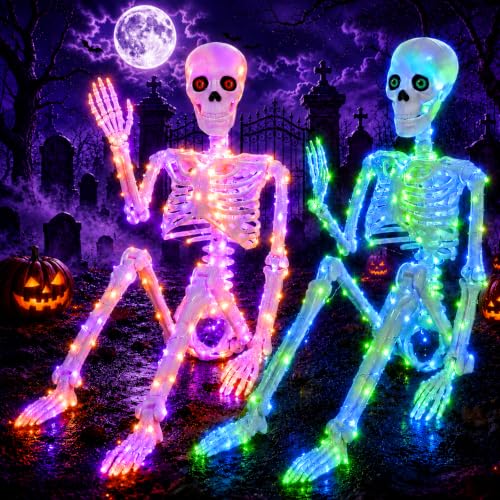 2Pack 36" Halloween Light up Skeleton Decor Outdoor (Blue&Green+Orange&Purple)