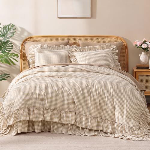 King Size Comforter Set Gingham Ruffle Tan 7 Pieces Bed in a Bag