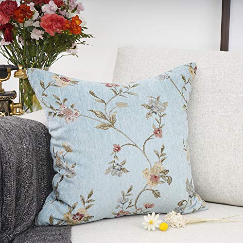 Embroidery Jacquard Teal Floral Leaf Pattern Square Decorative Throw Pillow Case Cushion Cover