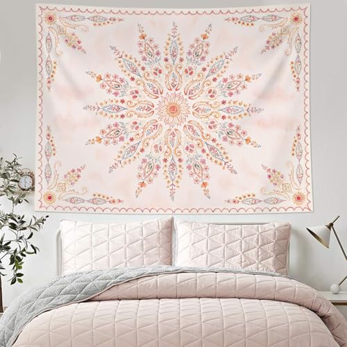 Boho Floral Mandala Tapestry for Bedroom Aesthetic Pink Bohemian Flower Wall Tapestry Watercolor Hippie Indian Small Tapestries Wall Hanging for Living Room Dorm Decor 48 x 36 Inch