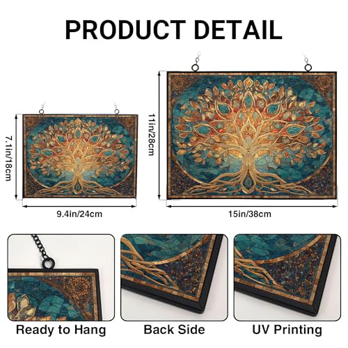 Rectangle Mosaic Sacred Geometry Tree of Life Stained Glass Suncatcher Window Hangings