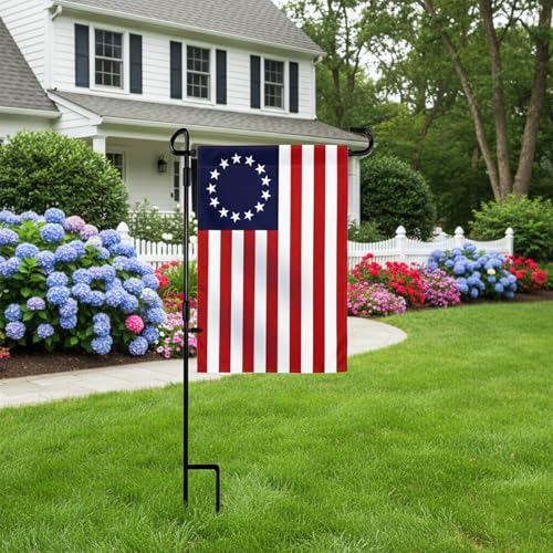 Garden Flag Stand with Betsy Ross Flag Garden Flags 12 x 18 Inch Metal 13 Star American Yard Flag Holder Pole Stake Small Flag Stands with Clips and Stopper