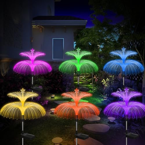 Solar Garden Lights 6 Pack New Upgraded Solar Lights Outdoor Waterproof 7 Color Changing Double Jellyfish and Star Flower Garden Decor Yard Lawn Christmas Decorations (6 Count)