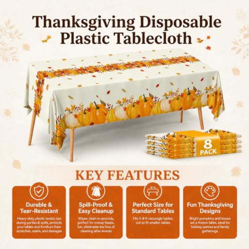 Fall Plastic Tablecloth 12 Packs Thanksgiving Disposable Table Cloth 54x108 Rectangle Table Cover with Pumpkin & Maple Leaf for Holiday Dinner Party Decorations Outdoor Picnic & Baby Showers