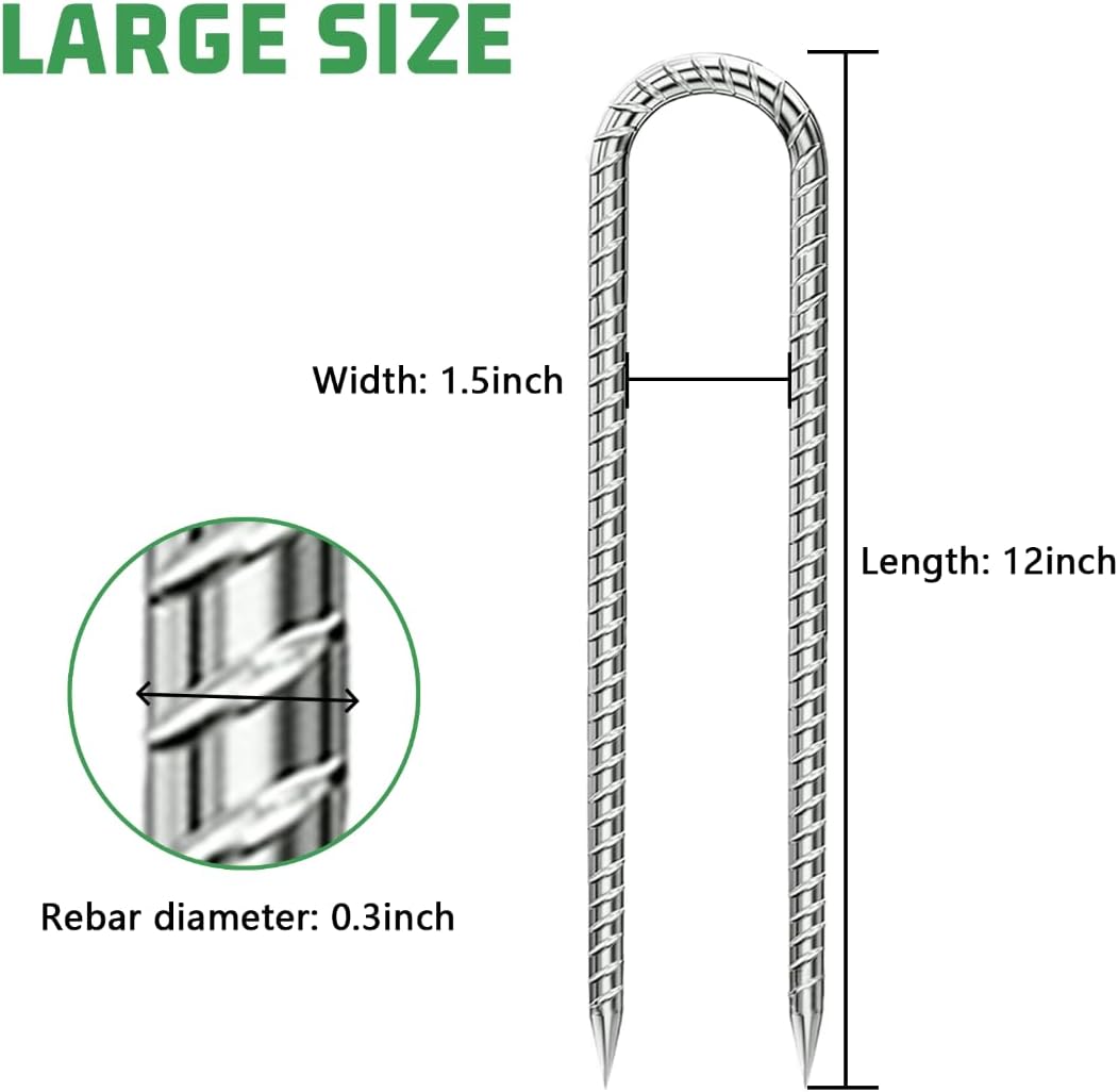 Rebar-Stakes-12-Inch, Ground Stakes Heavy Duty U-Hook Galvanized Anti-Rust Ground Anchors for Camping Tent Trampoline Accessories Dog Fence Chicken Coop Deer Fence 4pcs