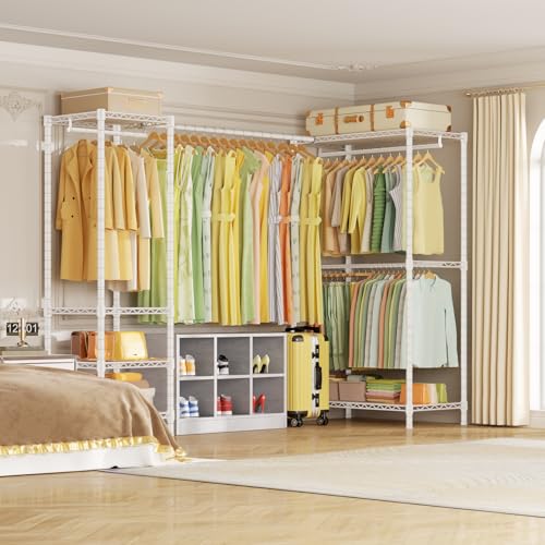 E10L L Shaped Clothes Rack for Corner（With Expandable Hanger Rod）Heavy Duty Freestanding Clothing Racks for Hanging Clothes