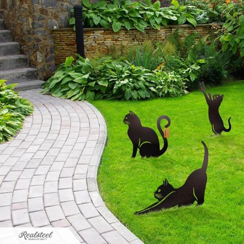 I 3 Pack Steel Cat Garden Decor I Outdoor Yard Decorations I Gift for Cat Lovers I Lawn Ornaments and Statues I Garden Signs Decorative Outdoor (3 Count)