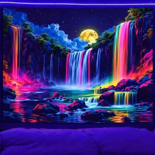 Blacklight Fantasy Waterfall Moon Tapestry