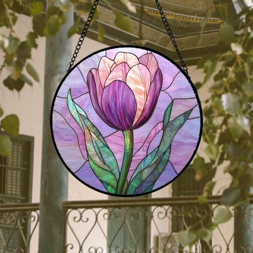 Stained Glass Window Hanging 4 Pcs Set Purple Flower Theme 9.8"