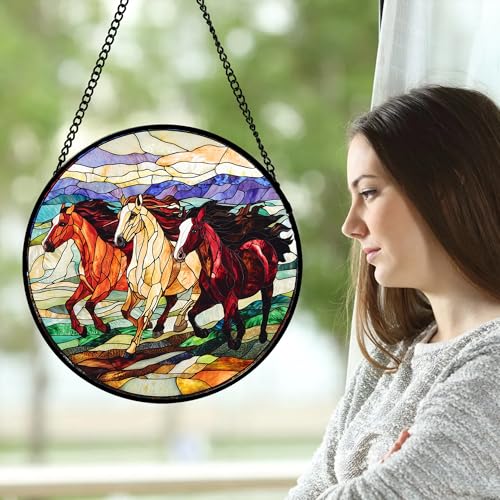 Running Horses Stained Glass Window Hanging Suncatcher Gift for Women 15"