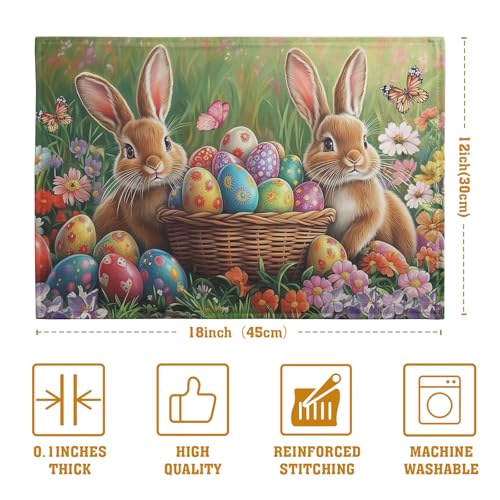 Easter Bunny Placemats Set of 4 Easter Colorful Eggs Floral Linen Fabric Table Mats Spring Farmhouse Seasonal Table Place Mats for Outdoor Indoor Home Party 12x18 Inch (4 Count)