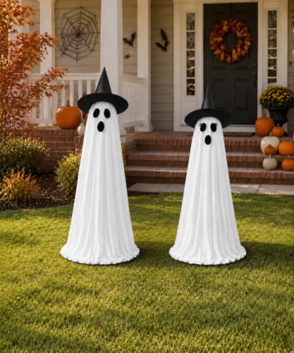2 Pack Lighted Halloween Ghost Decorations with Remote & Timer (White)