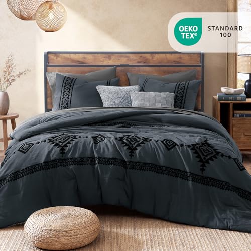 Embroidery Queen Comforter Set 7 Pieces Blue Grey Bed in a Bag