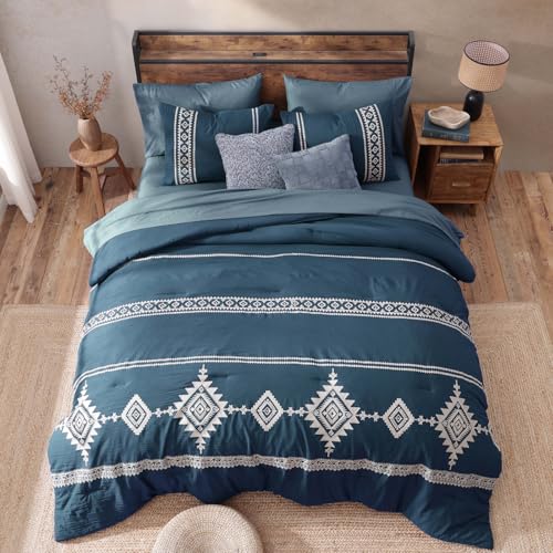 Embroidery King Size Comforter Set 7 Pieces Navy Blue Bed in a Bag