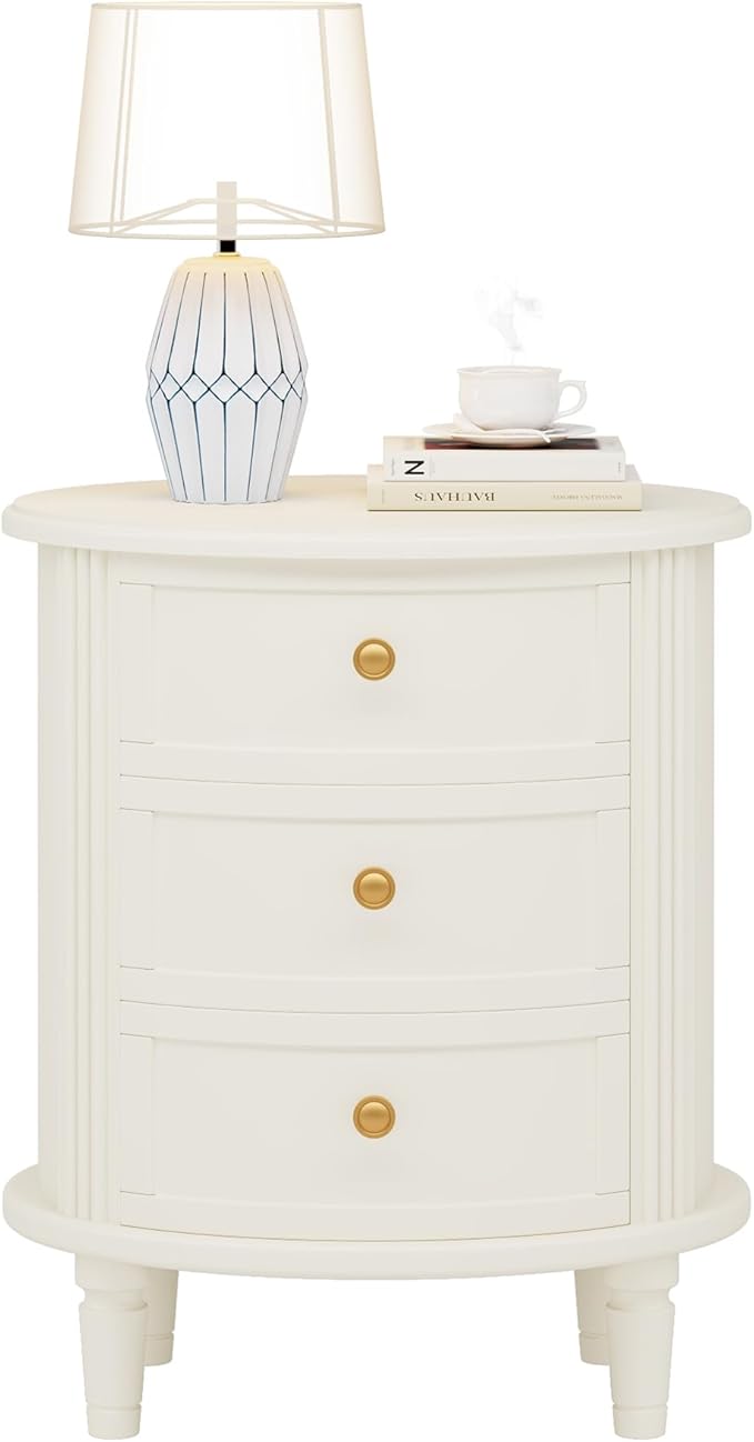 LITTLE TREE No Assembly Nightstand with 3 Drawers, Farmhouse Off-White Bedside Table for Bedroom, All Wooden Oval Nightstand with Storage