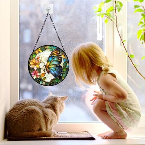 Green Butterfly Flower Stained Glass Window Hanging Suncatcher Gifts 6.3"
