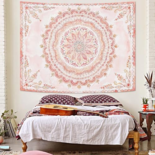 Boho Floral Mandala Tapestry Wall Hanging Pink Bohemian Flower Medallion Tapestry Aesthetic Watercolor Hippie Indian Small Tapestries for Bedroom Living Room Dorm Decor 40 x 30 Inch