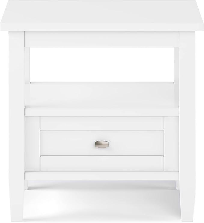 SIMPLIHOME Warm Shaker End Table - 20 inch Wide Solid Wood Side Table in White, Transitional Accent Table for Living Room or Bedroom with Drawer, Open Shelf and Square Tapered Legs
