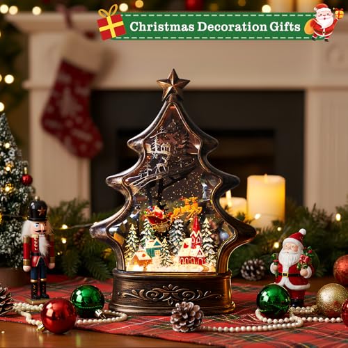 Christmas Snow Globe Lantern Water Glittering Buildings Santa's Deer with Music& Timer