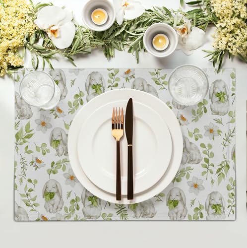 Easter Bunny Rabbits Placemats Set of 4 Easter Spring Green Leaves Flroal Dining Table Placemats 12x18 Inch Heat Resistant Washable Table Mats for Kitchen Dining Holiday Indoor (4 Count)