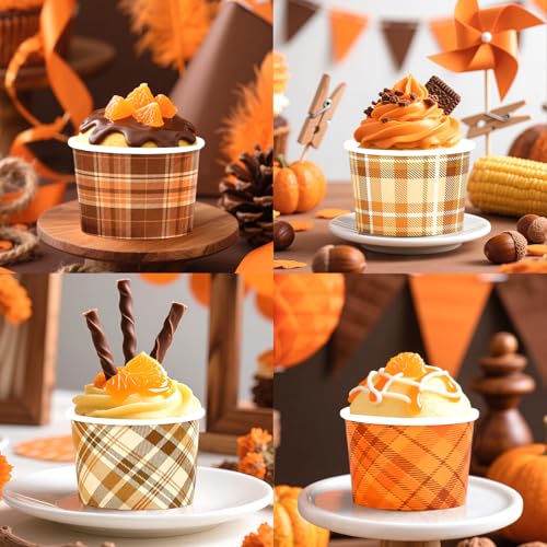 120 PCS Fall Paper Cups 12 oz Thanksgiving Orange Brown Gingham Snack Bowls Disposable 4 Colors Dessert Cups for Fall Thanksgiving Holiday Harvest Party Snacks Dessert Candies Party Supplies (12 Count)
