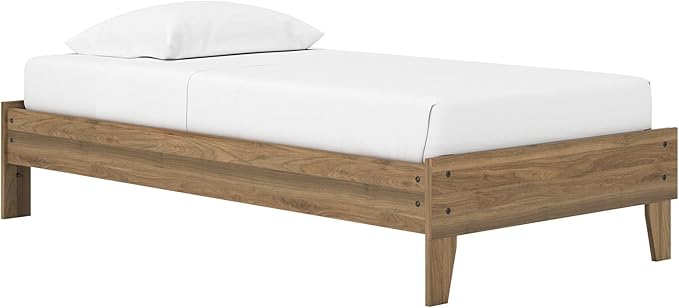 Signature Design by Ashley Deanlow Mid-Century Modern Twin Platform Bed with Metal Slats, Wood, Foundation or Box Spring Not Needed, Honey Brown (Headboard Not Included)