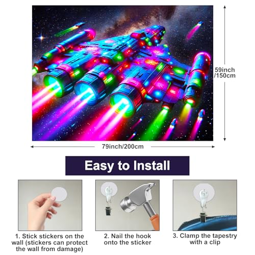 Blacklight Tapestry Spacecraft Galaxy UV Wall Art 78 x 59 Inch