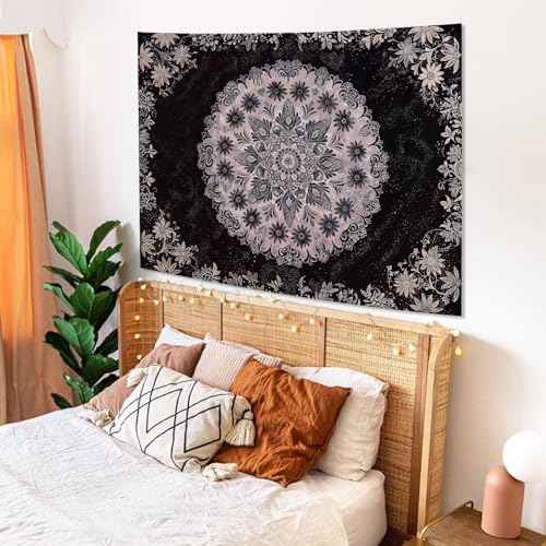 Boho Floral Mandala Tapestry Wall Hanging Grey Bohemian Flower Medallion Tapestry Aesthetic Gray Black Hippie Indian Small Tapestries for Bedroom Living Room Dorm Decor 48 x 36 Inch
