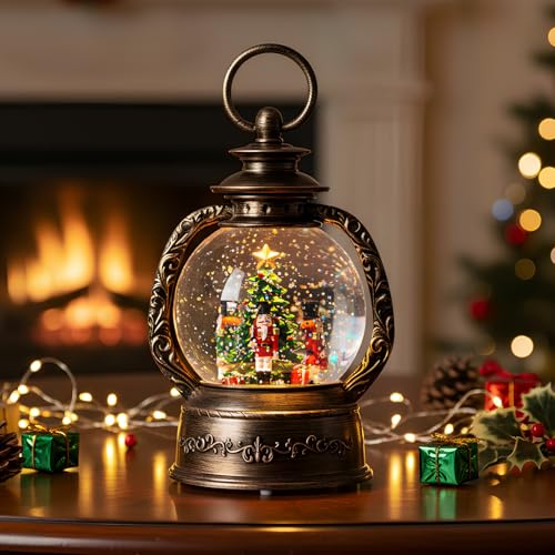 Christmas Snow Globe Lantern Water Glittering Nutcrackers with Music & Timer